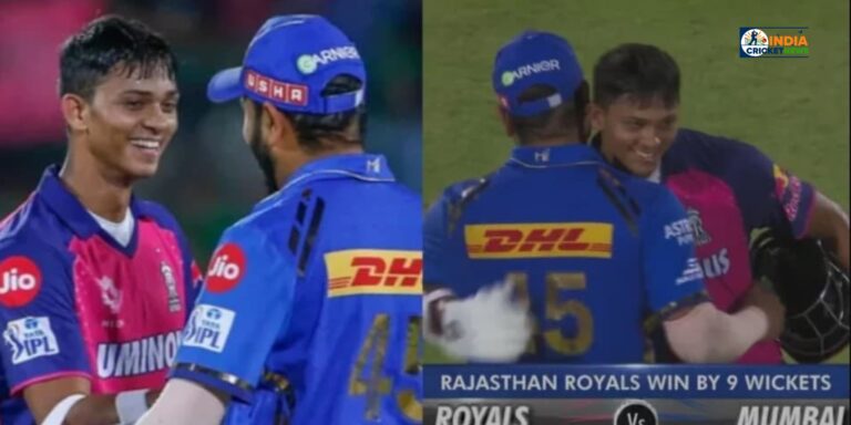 After the IPL 2024 match between RR and MI, centurion Yashasvi Jaiswal hugs Rohit Sharma.